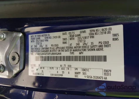 2015 Ford Escape Se z USA, uszkodzony, nr VIN 1FMCU0G7XFUB95266